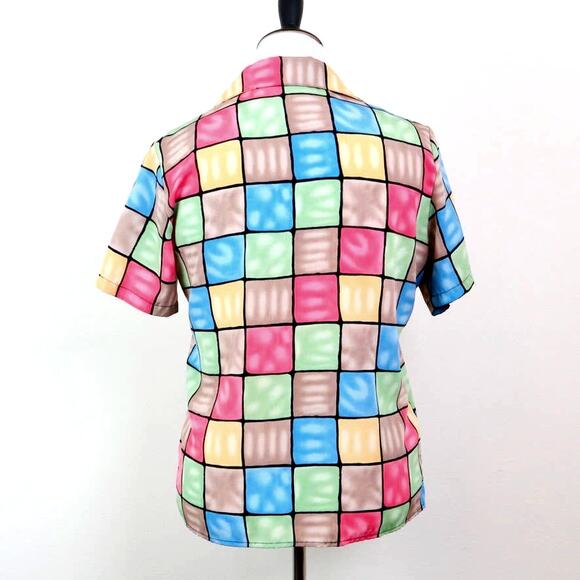 Vintage Checkered Size M 90's Button Up Shirt Bright Pastels Novelty - Picture 4 of 9